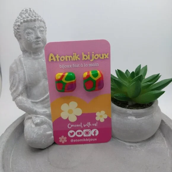 Handmade multi-color polymer clay earrings. Boucles d'oreilles fait à la main - Picture 2 of 7